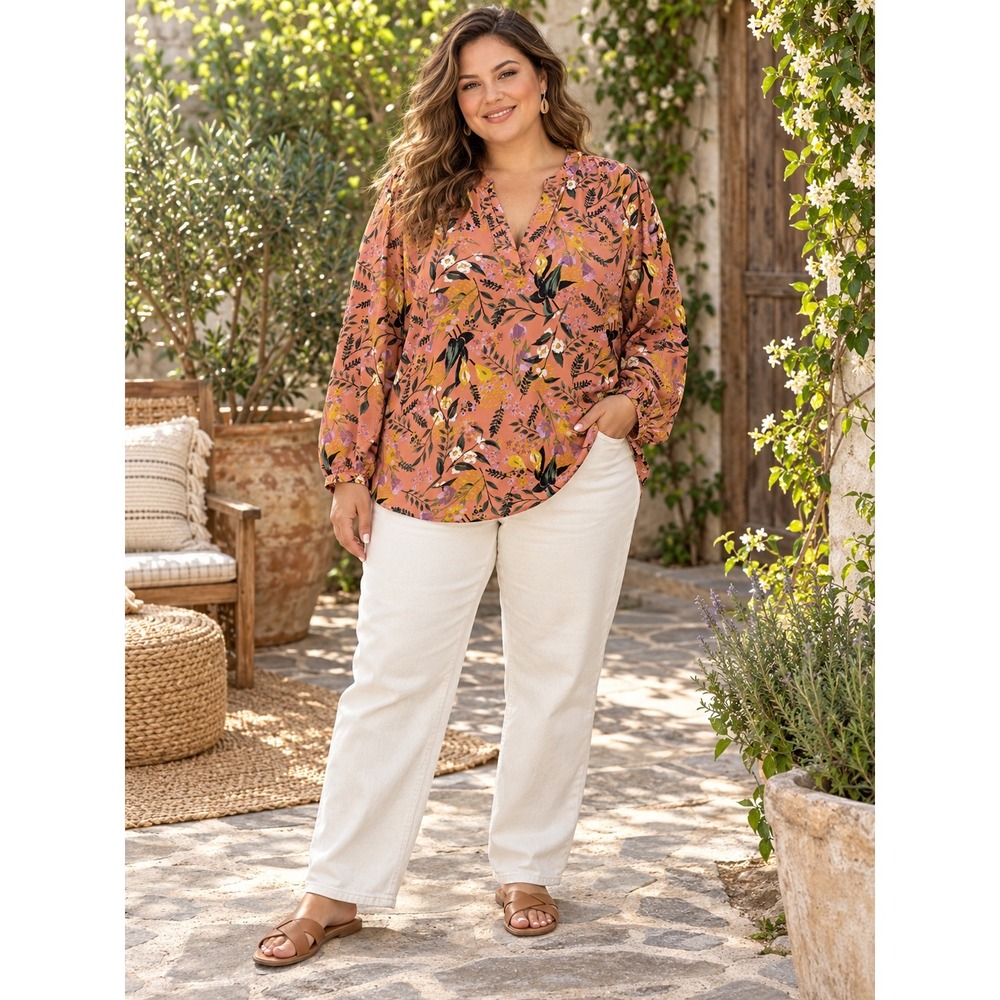 Ava & Viv Floral Blouse Womens 2X Orange V-Neck Long Sleeve Relaxed Boho 108